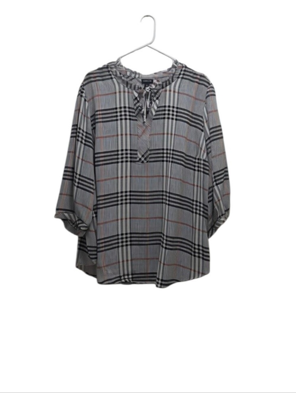 Torrid Size 3X Black Plaid Tie Neck Ruffle Blouse 3/4 Sleeve Plus Size Preppy
